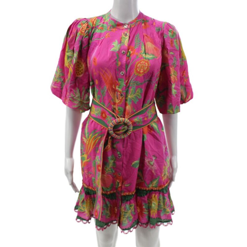 Farm Rio Women Shirt Dress Floral Short Sleeve Button Multi Color Size S
